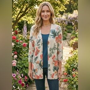 NWT Chico’s Spring Gardens Floral Open Front Cardigan Size XL Shimmer
